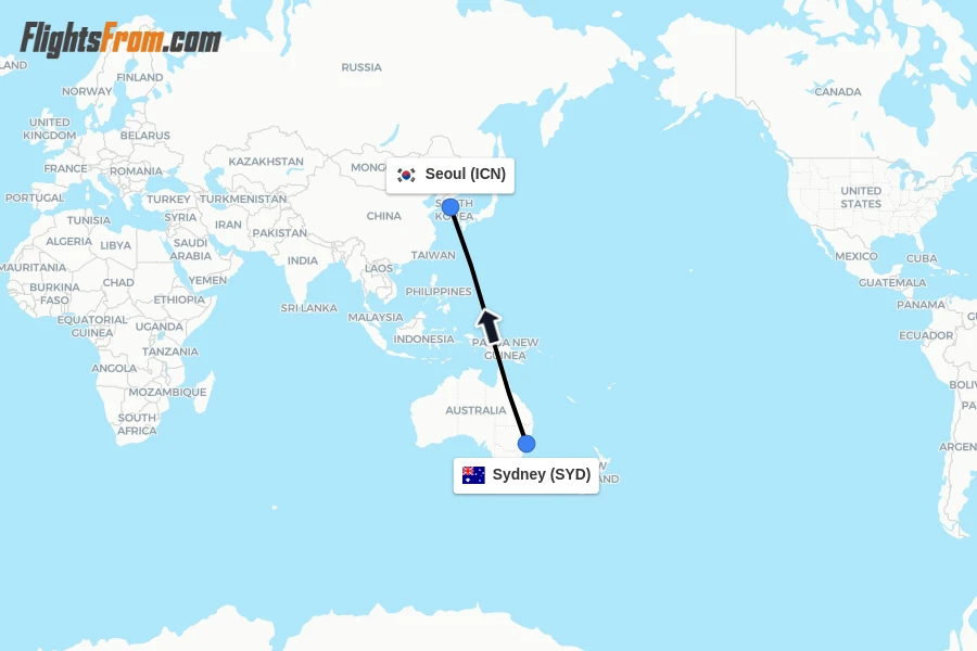 Flights from Sydney to Seoul route map