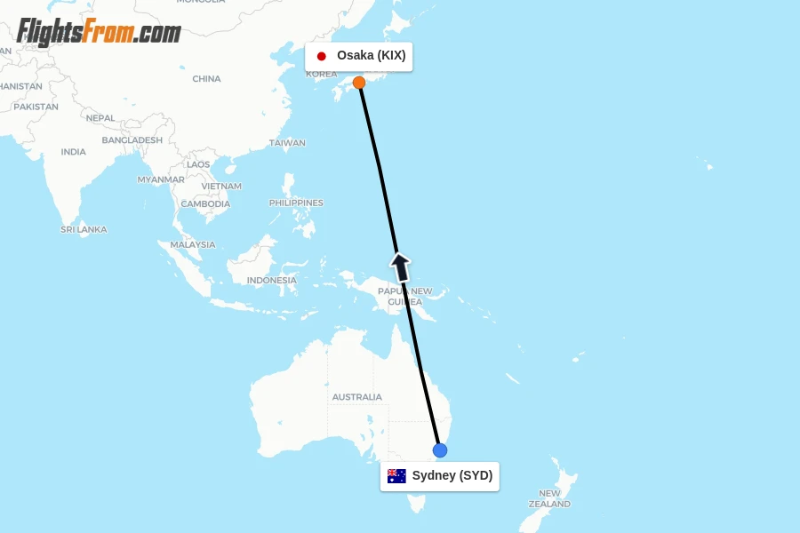 Flights from Sydney to Osaka route map