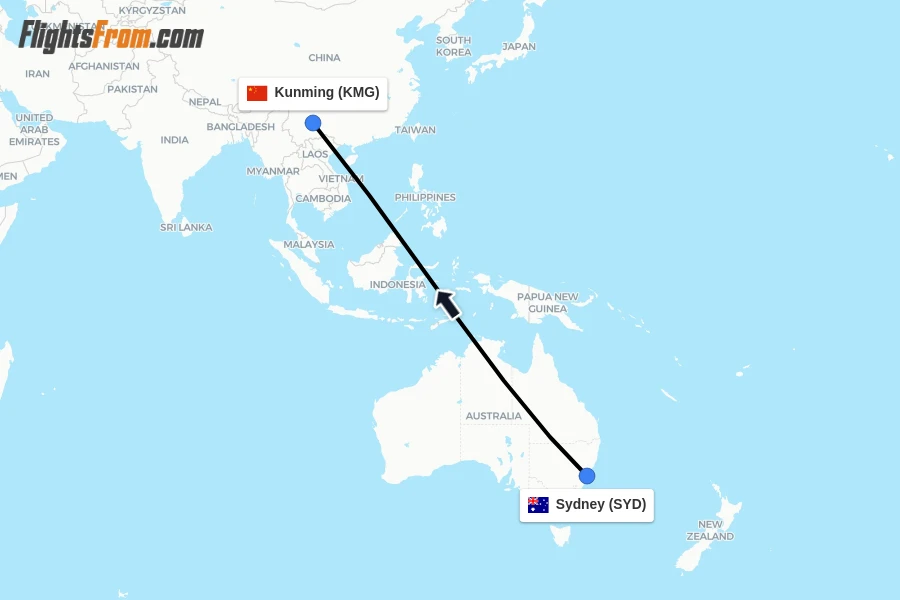 Flights from Sydney to Kunming route map