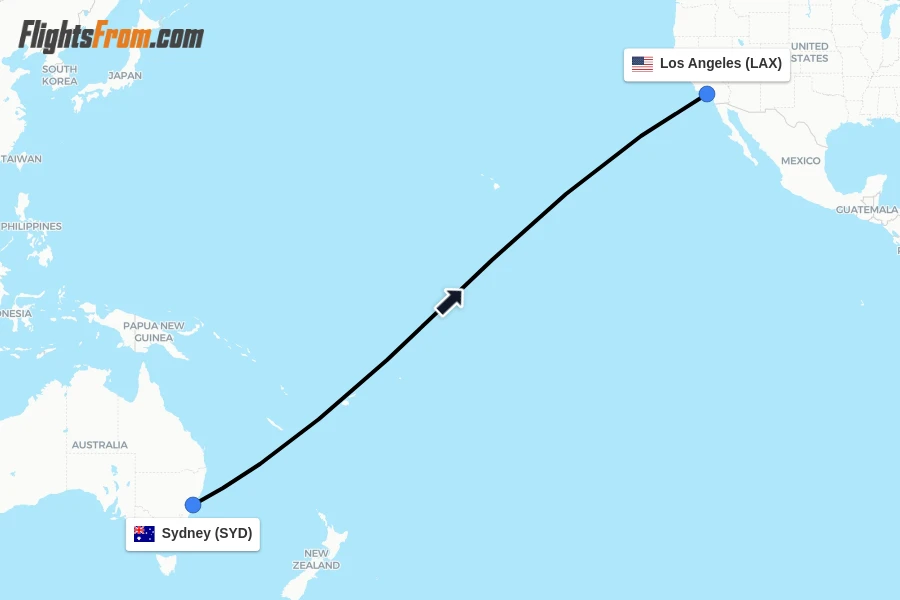 Flights from Sydney to Los Angeles route map