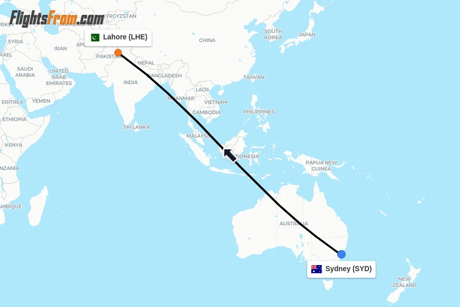 Flights from Sydney to Lahore route map