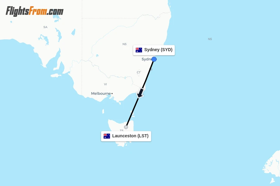 Flights from Sydney to Launceston route map