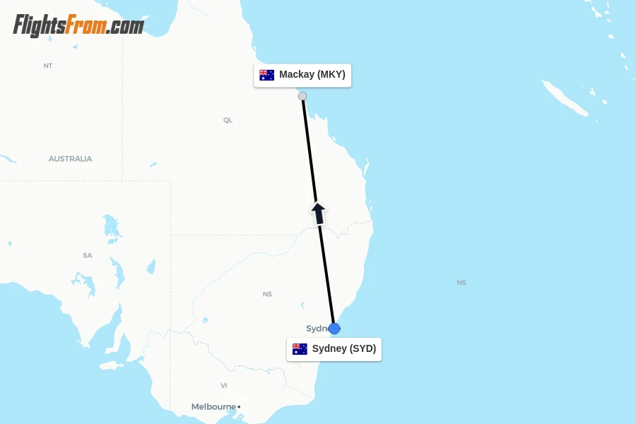 Flights from Sydney to Mackay route map