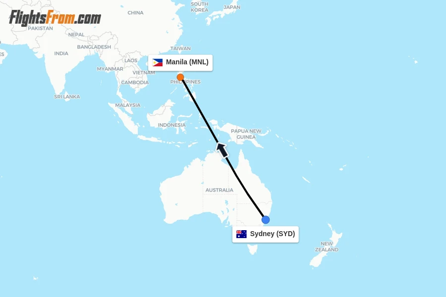 Flights from Sydney to Manila route map