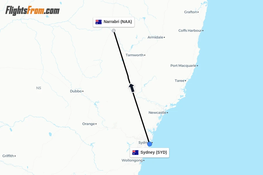 Flights from Sydney to Narrabri route map