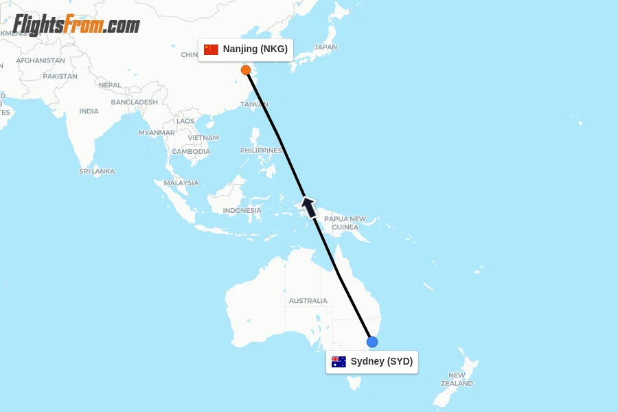 Flights from Sydney to Nanjing route map