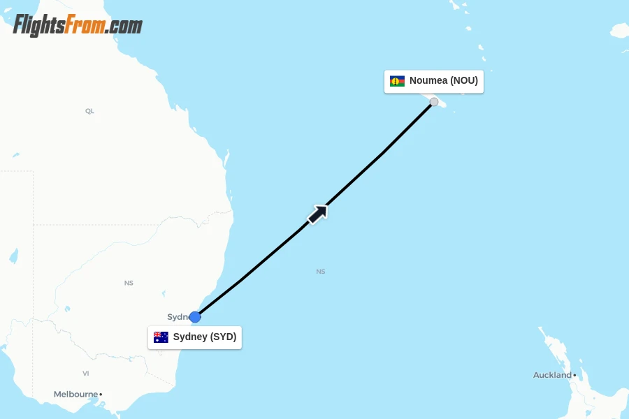 Flights from Sydney to Noumea route map