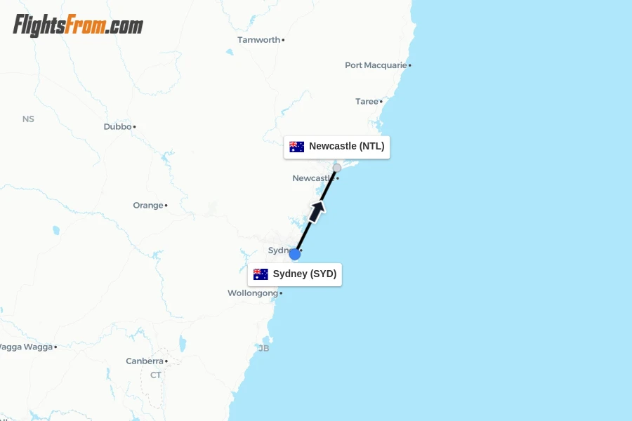 Flights from Sydney to Newcastle route map