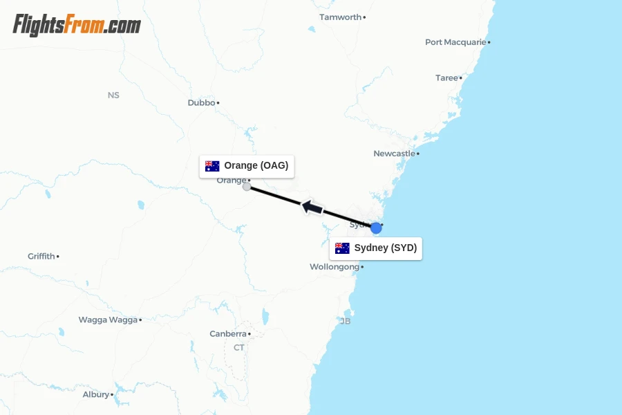 Flights from Sydney to Orange route map