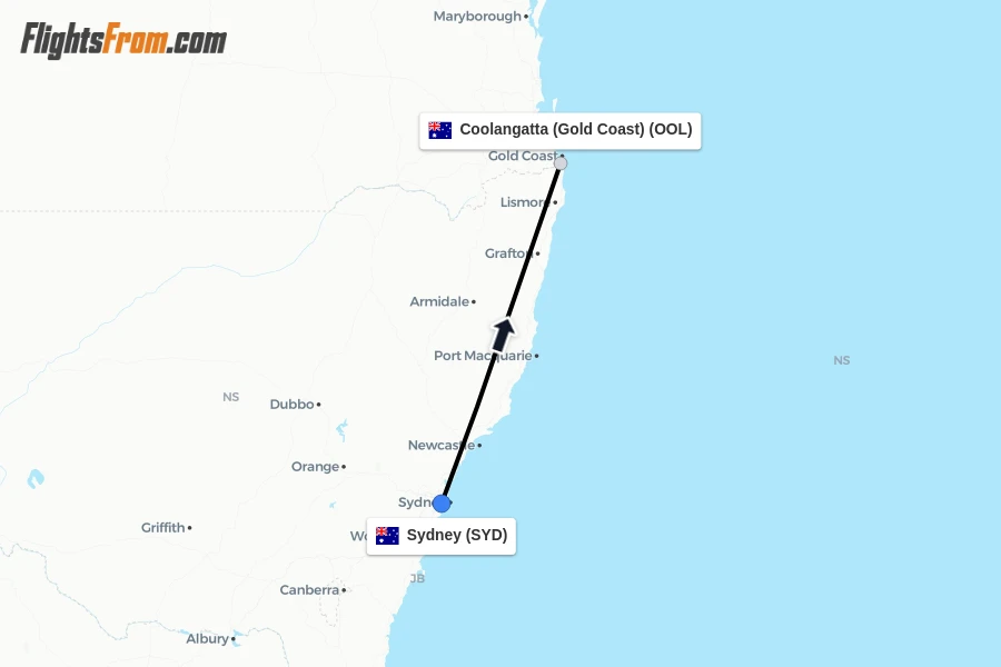 Flights from Sydney to Coolangatta (Gold Coast) route map