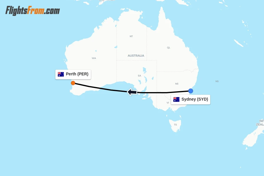 Flights from Sydney to Perth route map