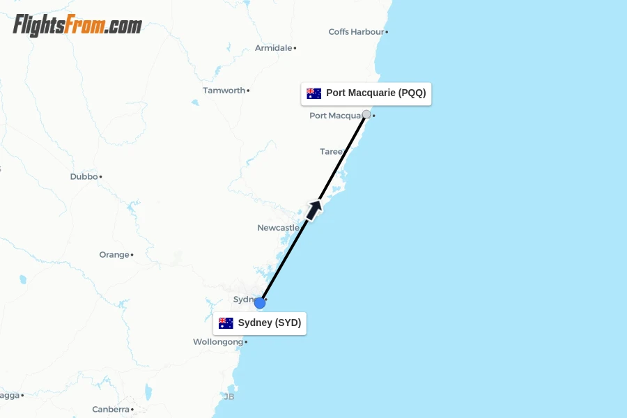 Flights from Sydney to Port Macquarie route map