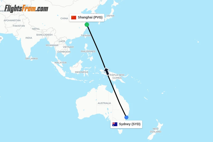 Flights from Sydney to Shanghai route map