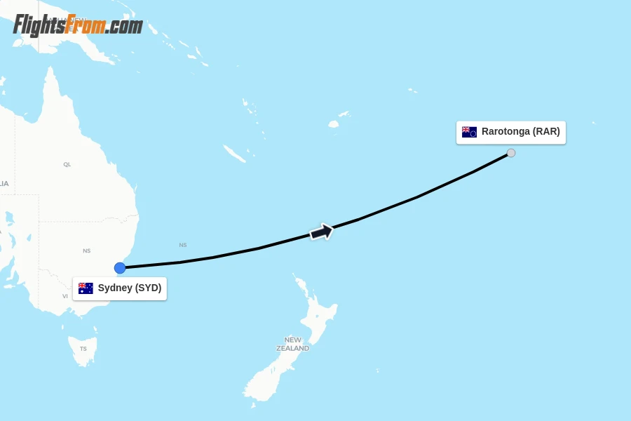Flights from Sydney to Rarotonga route map