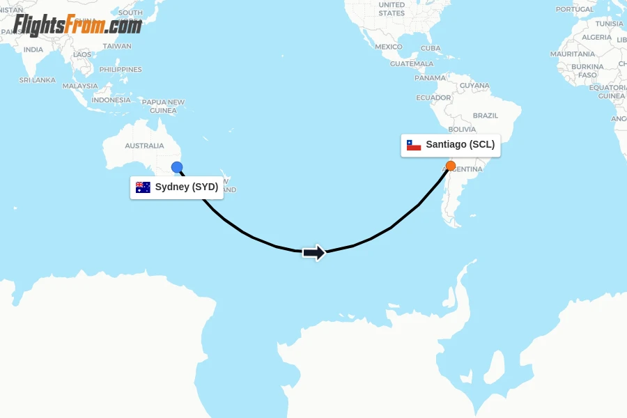 Flights from Sydney to Santiago route map