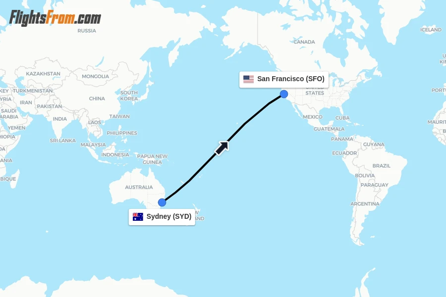 Flights from Sydney to San Francisco route map