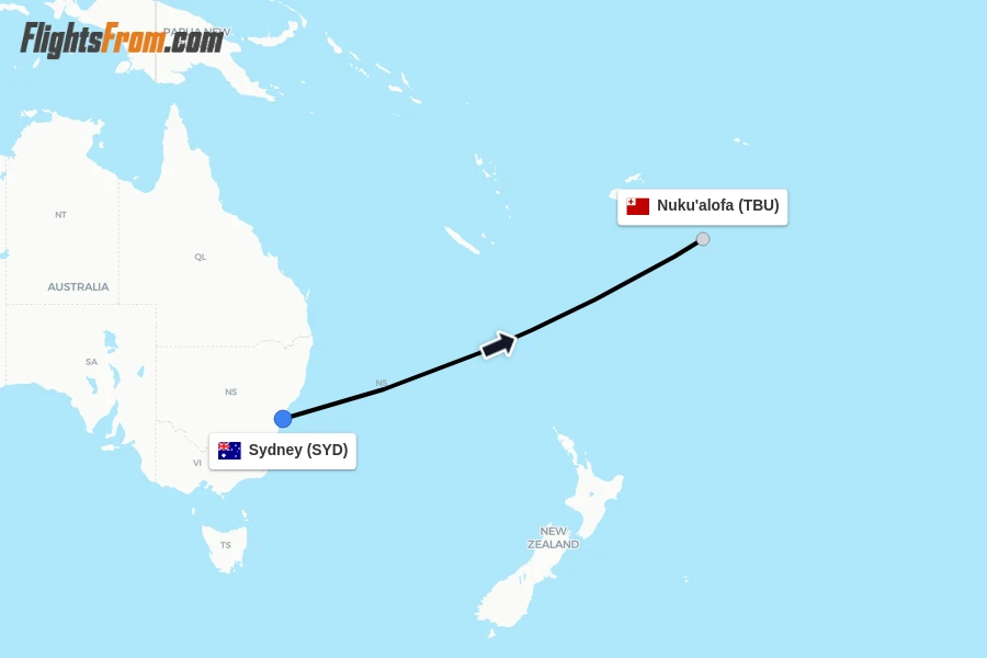 Flights from Sydney to Nuku'alofa route map