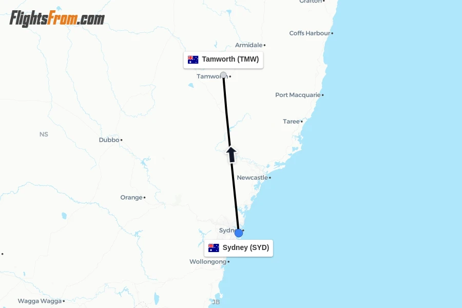 Flights from Sydney to Tamworth route map