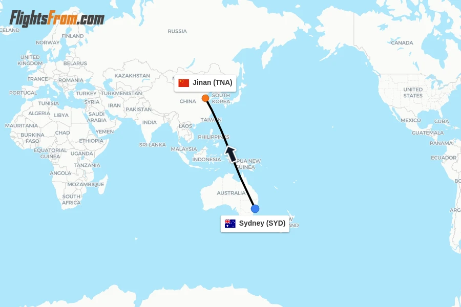 Flights from Sydney to Jinan route map