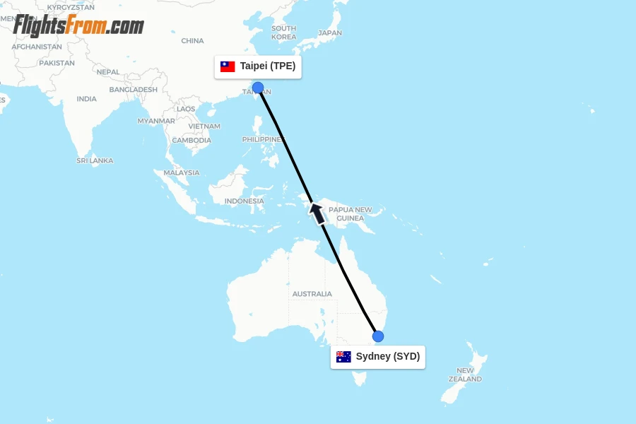 Flights from Sydney to Taipei route map