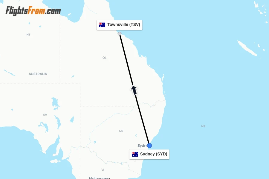 Flights from Sydney to Townsville route map