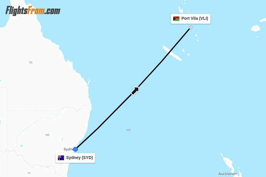 Flights from Sydney to Port Vila route map