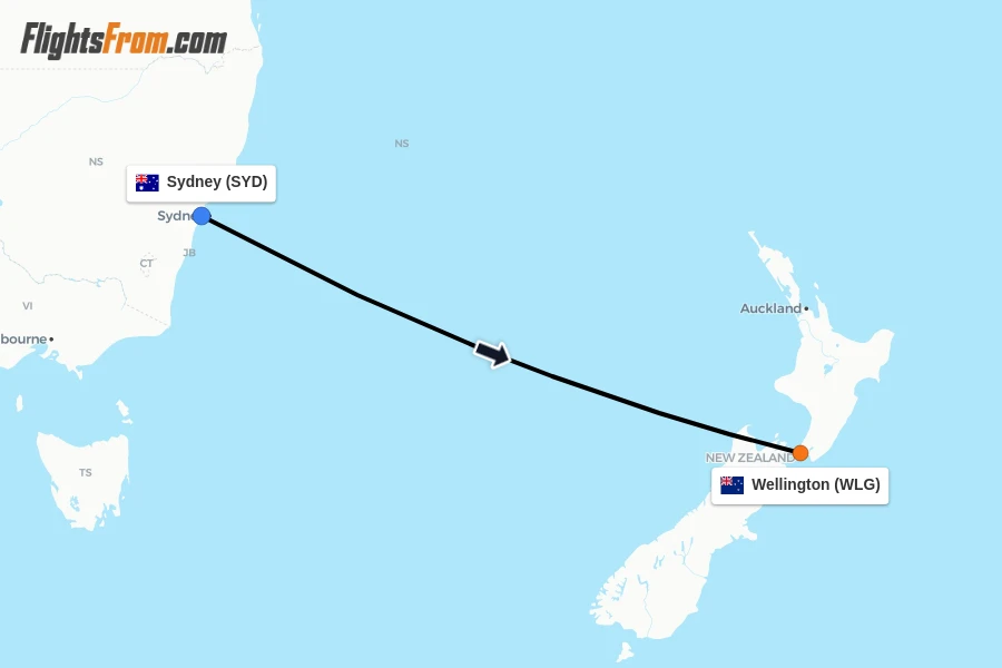 Flights from Sydney to Wellington route map