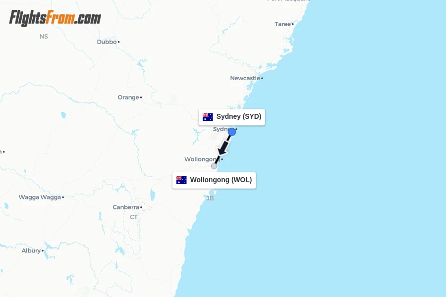 Flights from Sydney to Wollongong route map