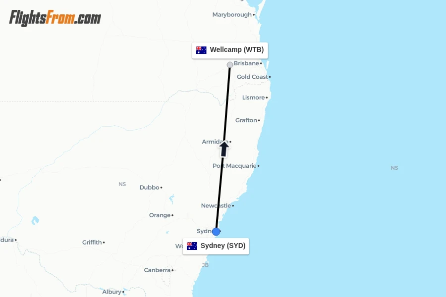 Flights from Sydney to Wellcamp route map