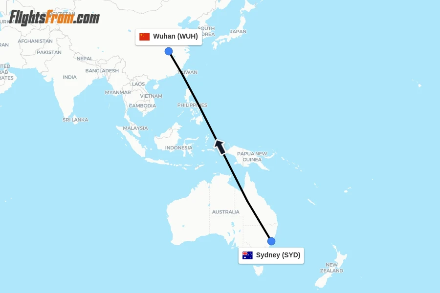 Flights from Sydney to Wuhan route map