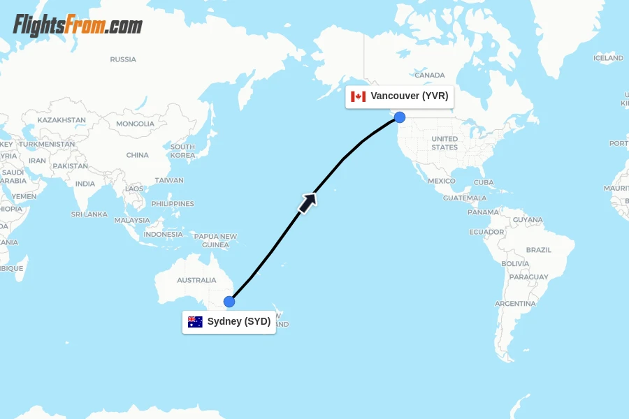 Flights from Sydney to Vancouver route map