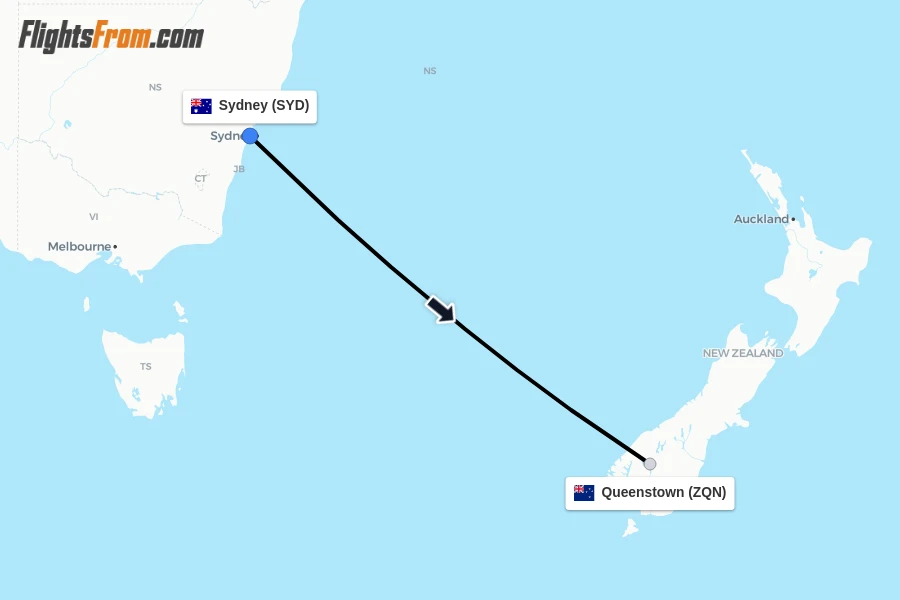 Flights from Sydney to Queenstown route map