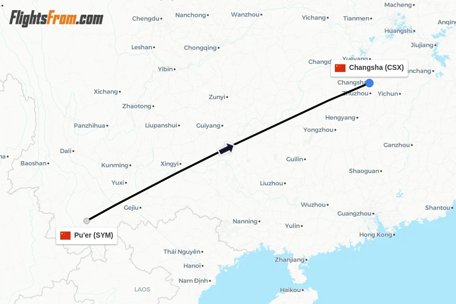 Flights from Pu'er to Changsha route map