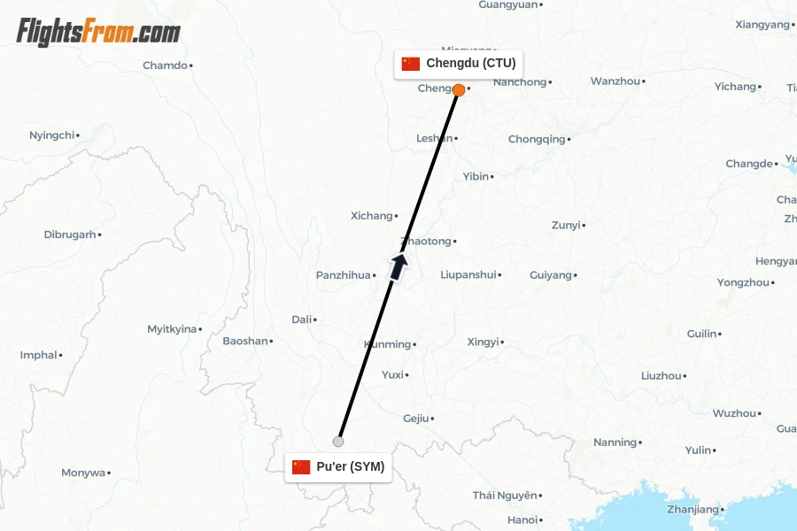 Flights from Pu'er to Chengdu route map