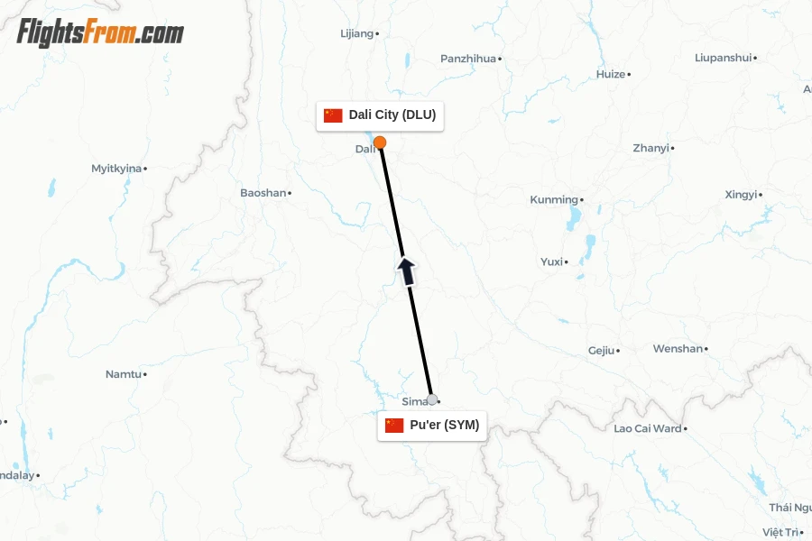 Flights from Pu'er to Dali City route map