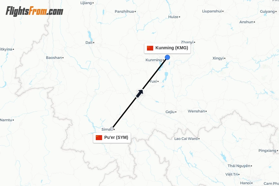 Flights from Pu'er to Kunming route map