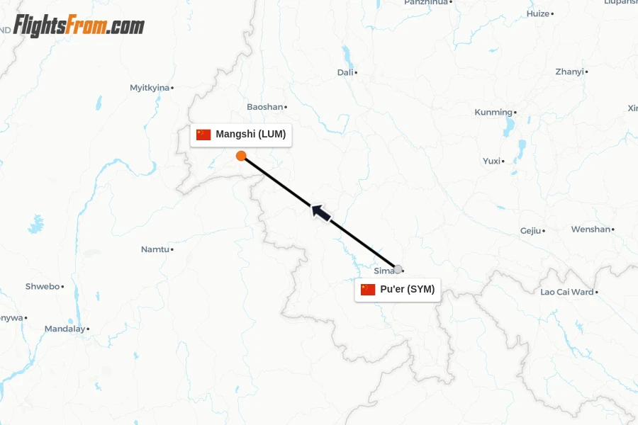 Flights from Pu'er to Mangshi route map