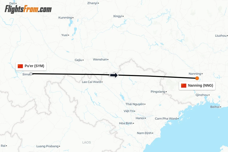 Flights from Pu'er to Nanning route map