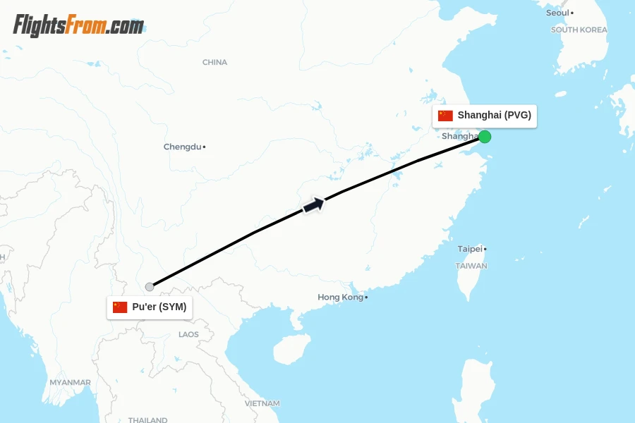 Flights from Pu'er to Shanghai route map