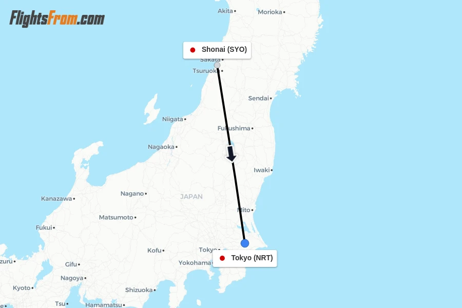 Flights from Shonai to Tokyo route map