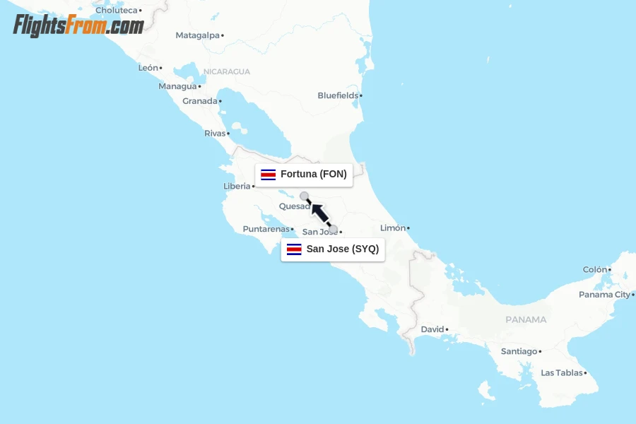 Flights from San Jose to Fortuna route map