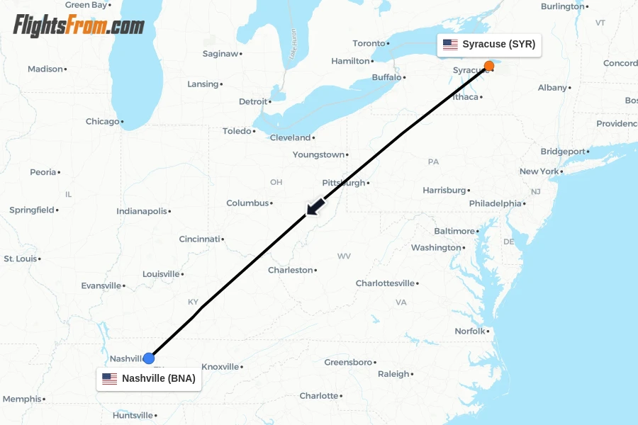 Flights from Syracuse to Nashville route map