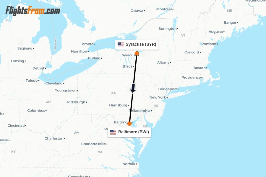 Flights from Syracuse to Baltimore route map