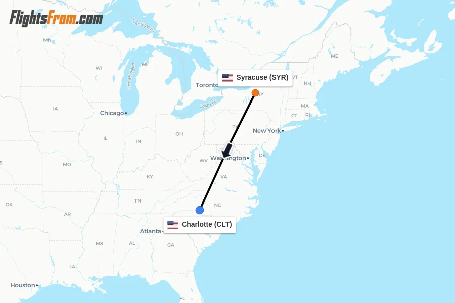 Flights from Syracuse to Charlotte route map