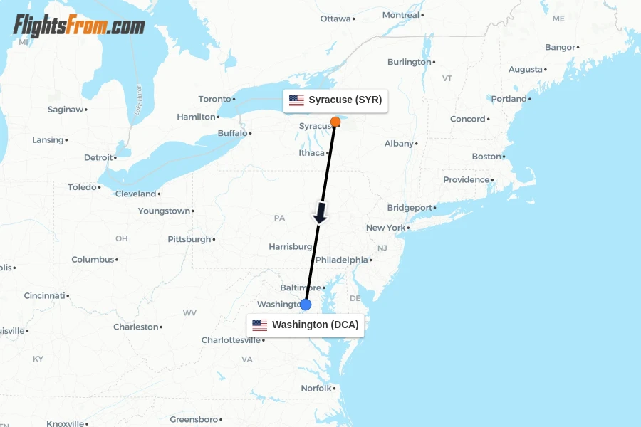 Flights from Syracuse to Washington route map