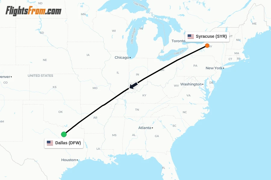 Flights from Syracuse to Dallas route map