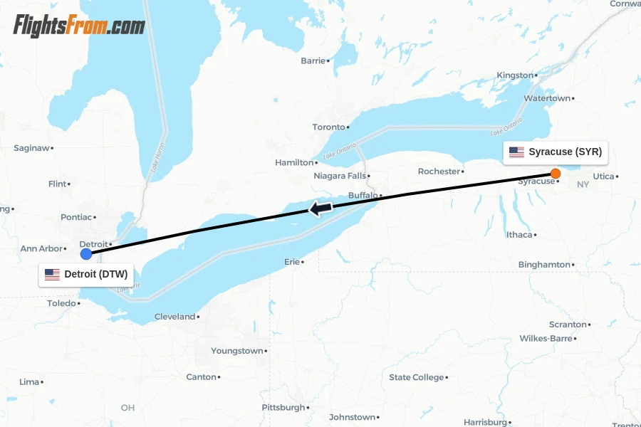 Flights from Syracuse to Detroit route map