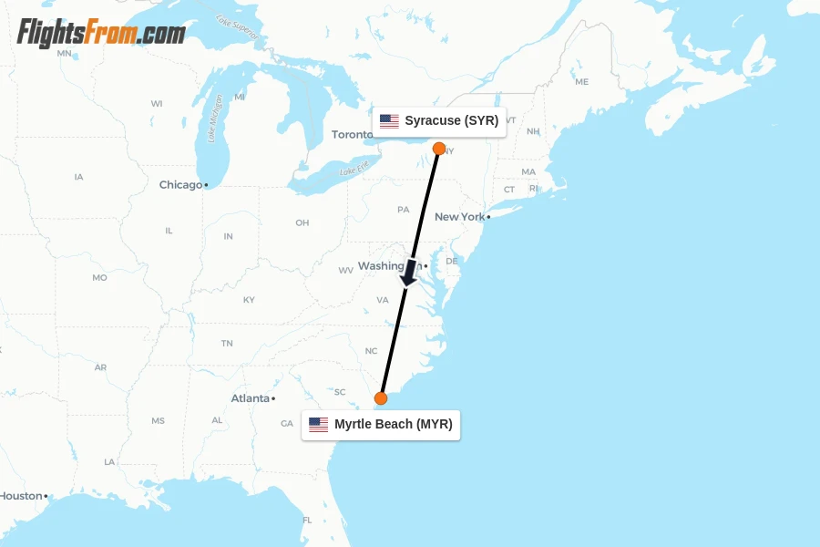 Flights from Syracuse to Myrtle Beach route map
