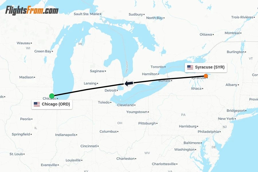 Flights from Syracuse to Chicago route map