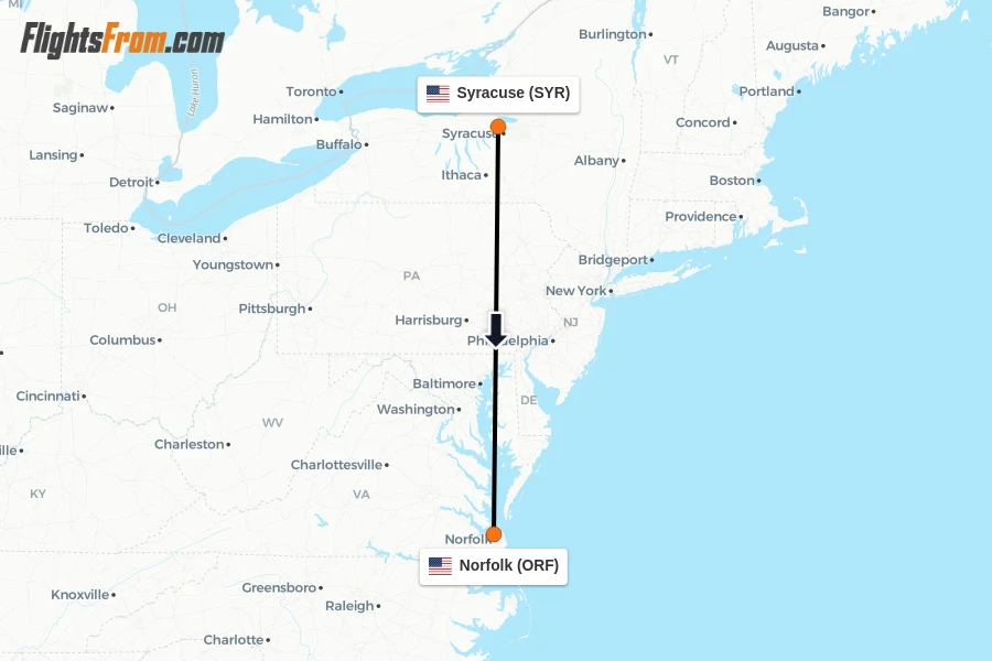Flights from Syracuse to Norfolk route map